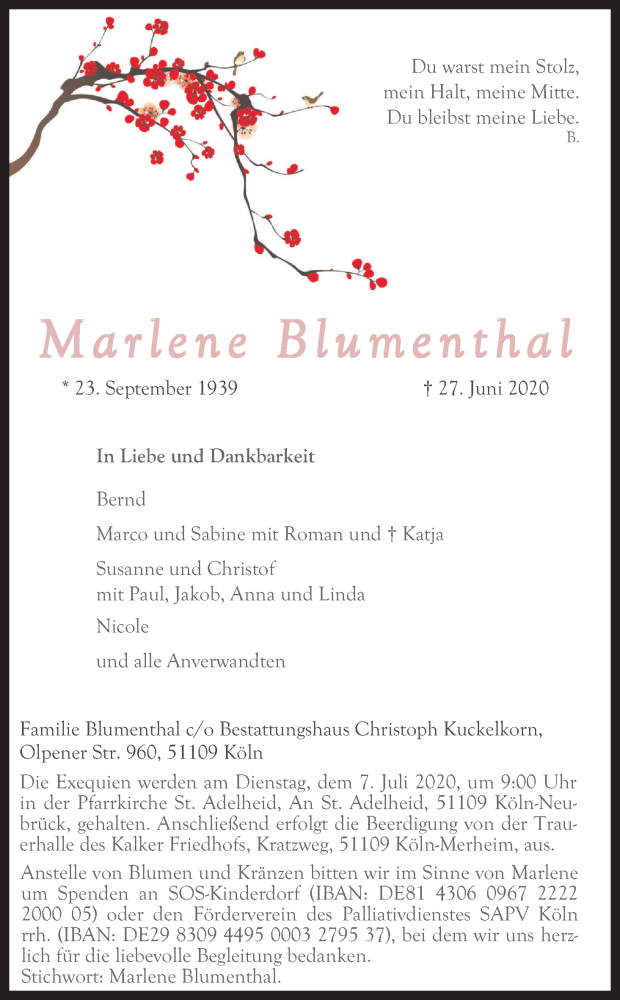  Traueranzeige für Marlene Blumenthal vom 04.07.2020 aus Kölner Stadt-Anzeiger / Kölnische Rundschau / Express