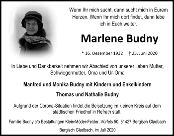 Anzeige von Marlene Budny von Kölner Stadt-Anzeiger / Kölnische Rundschau / Express