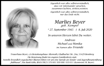 Anzeige von Marlies Beyer von Kölner Stadt-Anzeiger / Kölnische Rundschau / Express