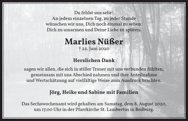 Traueranzeige für Marlies Nüßer vom 24.07.2020 aus  Werbepost 
