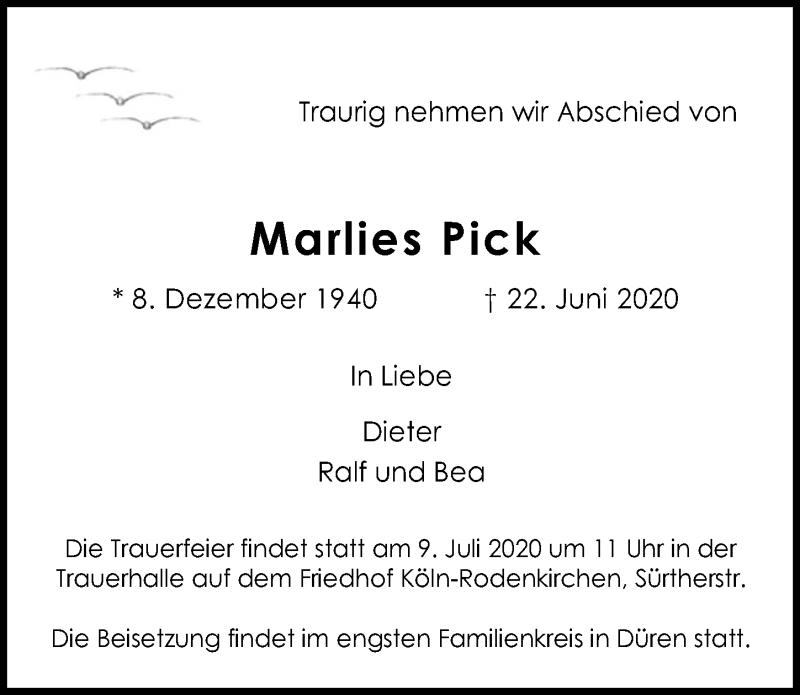  Traueranzeige für Marlies Pick vom 03.07.2020 aus  Kölner Wochenspiegel 
