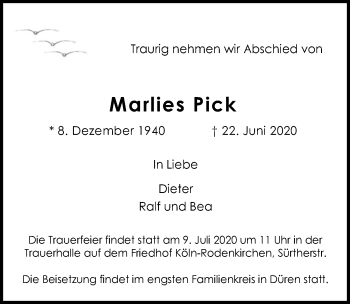 Anzeige von Marlies Pick von  Kölner Wochenspiegel 