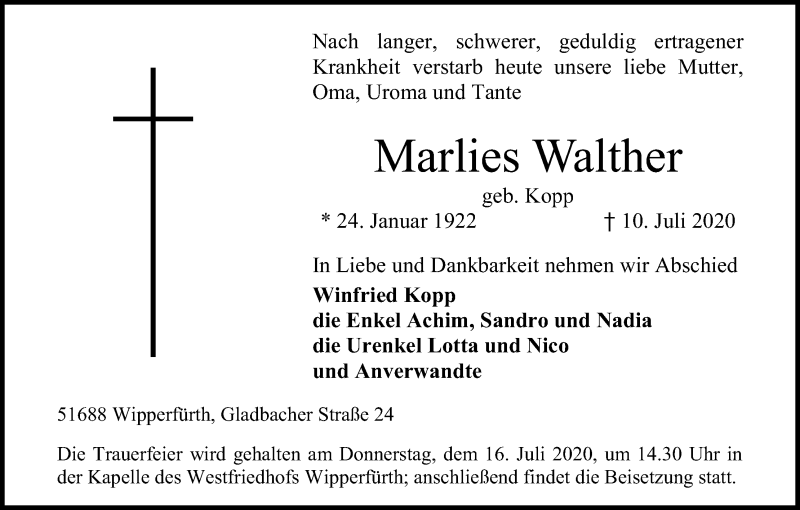  Traueranzeige für Marlies Walther vom 14.07.2020 aus Kölner Stadt-Anzeiger / Kölnische Rundschau / Express
