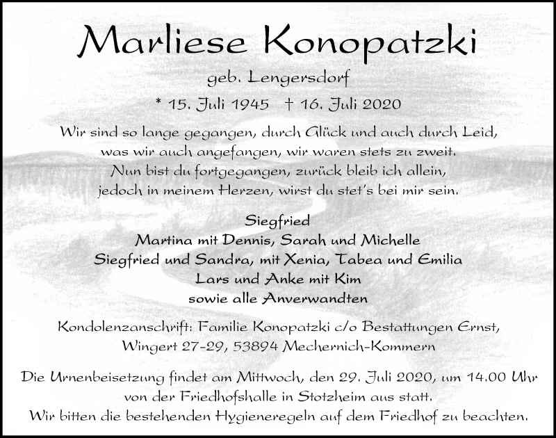  Traueranzeige für Marliese Konopatzki vom 25.07.2020 aus  Blickpunkt Euskirchen 