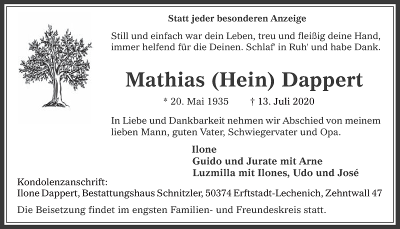  Traueranzeige für Mathias Dappert vom 31.07.2020 aus  Werbepost 