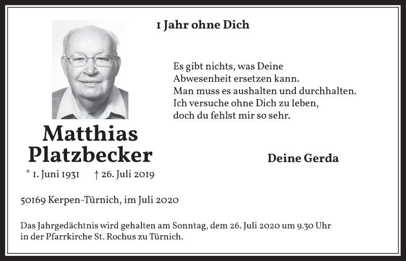  Traueranzeige für Matthias Platzbecker vom 17.07.2020 aus  Werbepost 