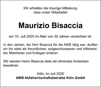 Anzeige von Maurizio Bisaccia von Kölner Stadt-Anzeiger / Kölnische Rundschau / Express