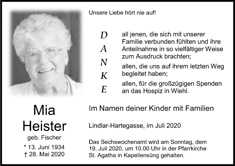  Traueranzeige für Mia Heister vom 11.07.2020 aus Kölner Stadt-Anzeiger / Kölnische Rundschau / Express