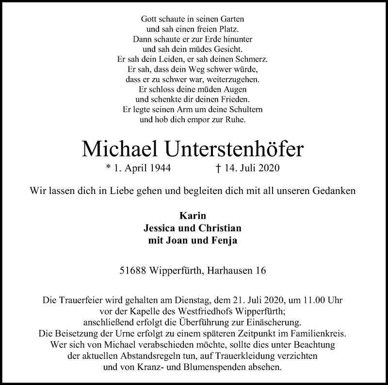  Traueranzeige für Michael Unterstenhöfer vom 16.07.2020 aus Kölner Stadt-Anzeiger / Kölnische Rundschau / Express