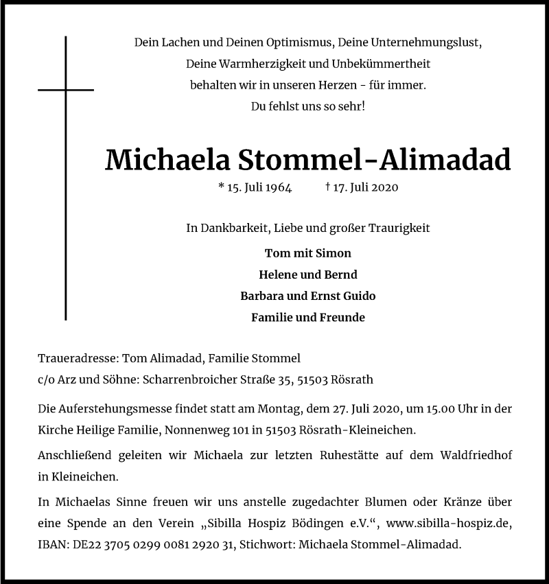  Traueranzeige für Michaela Stommel-Alimadad vom 25.07.2020 aus Kölner Stadt-Anzeiger / Kölnische Rundschau / Express