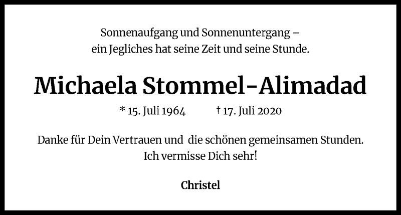  Traueranzeige für Michaela Stommel-Alimadad vom 25.07.2020 aus Kölner Stadt-Anzeiger / Kölnische Rundschau / Express