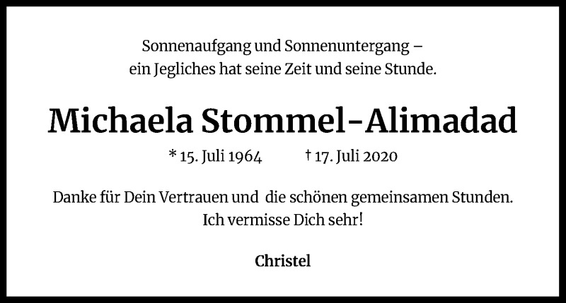  Traueranzeige für Michaela Stommel-Alimadad vom 25.07.2020 aus Kölner Stadt-Anzeiger / Kölnische Rundschau / Express