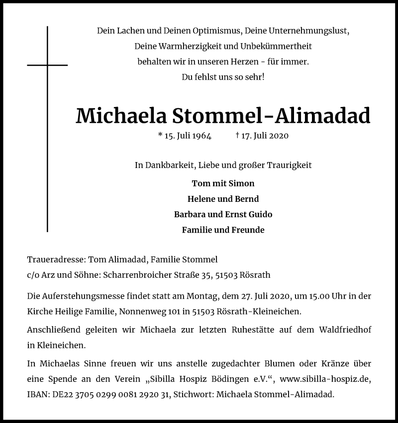  Traueranzeige für Michaela Stommel-Alimadad vom 25.07.2020 aus Kölner Stadt-Anzeiger / Kölnische Rundschau / Express