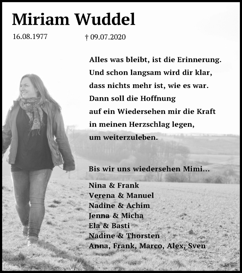  Traueranzeige für Miriam Wuddel vom 22.07.2020 aus Kölner Stadt-Anzeiger / Kölnische Rundschau / Express