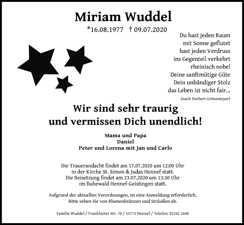  Traueranzeige für Miriam Wuddel vom 14.07.2020 aus Kölner Stadt-Anzeiger / Kölnische Rundschau / Express