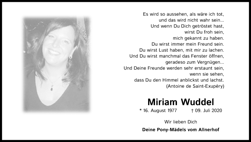  Traueranzeige für Miriam Wuddel vom 14.07.2020 aus Kölner Stadt-Anzeiger / Kölnische Rundschau / Express