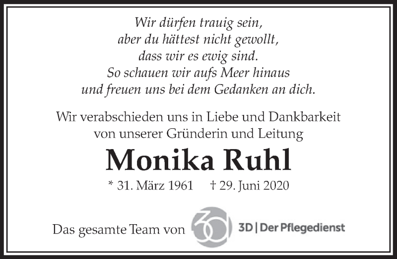  Traueranzeige für Monika Ruhl vom 03.07.2020 aus  Schlossbote/Werbekurier 