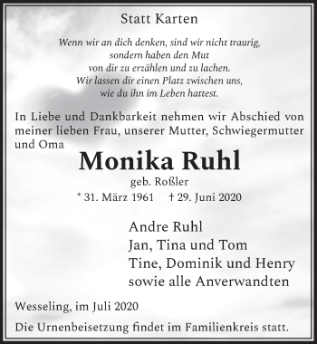 Anzeige von Monika Ruhl von  Schlossbote/Werbekurier 