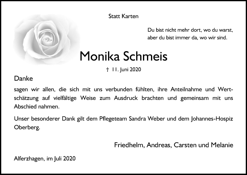  Traueranzeige für Monika Schmeis vom 18.07.2020 aus Kölner Stadt-Anzeiger / Kölnische Rundschau / Express