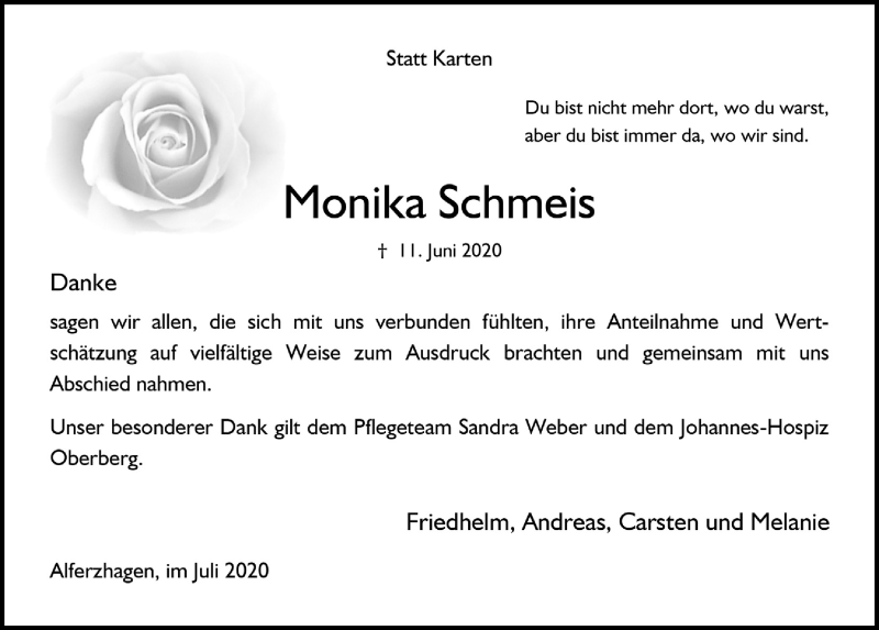  Traueranzeige für Monika Schmeis vom 17.07.2020 aus  Anzeigen Echo 