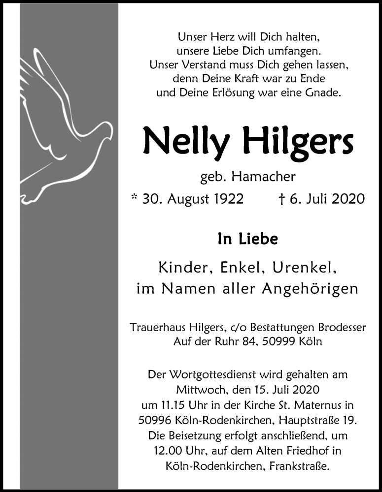  Traueranzeige für Nelly Hilgers vom 11.07.2020 aus Kölner Stadt-Anzeiger / Kölnische Rundschau / Express