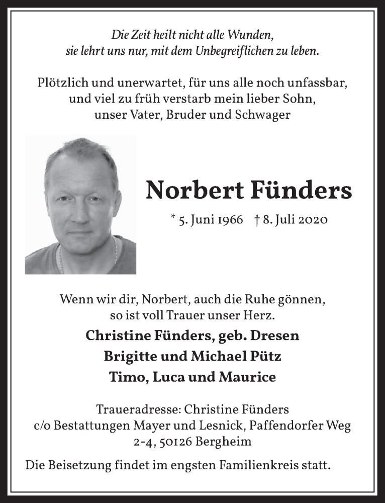  Traueranzeige für Norbert Fünders vom 17.07.2020 aus  Werbepost 