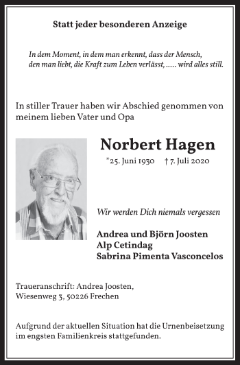 Anzeige von Norbert Hagen von  Wochenende 