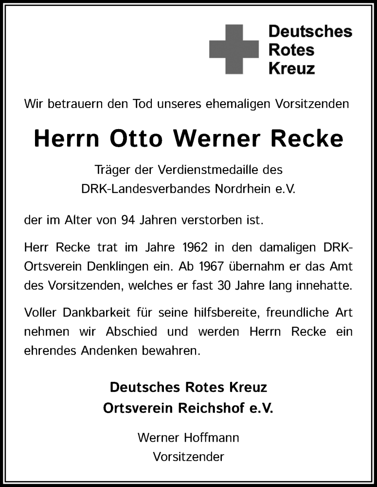  Traueranzeige für Otto Werner Recke vom 18.07.2020 aus Kölner Stadt-Anzeiger / Kölnische Rundschau / Express