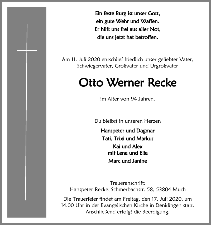  Traueranzeige für Otto Werner Recke vom 15.07.2020 aus Kölner Stadt-Anzeiger / Kölnische Rundschau / Express