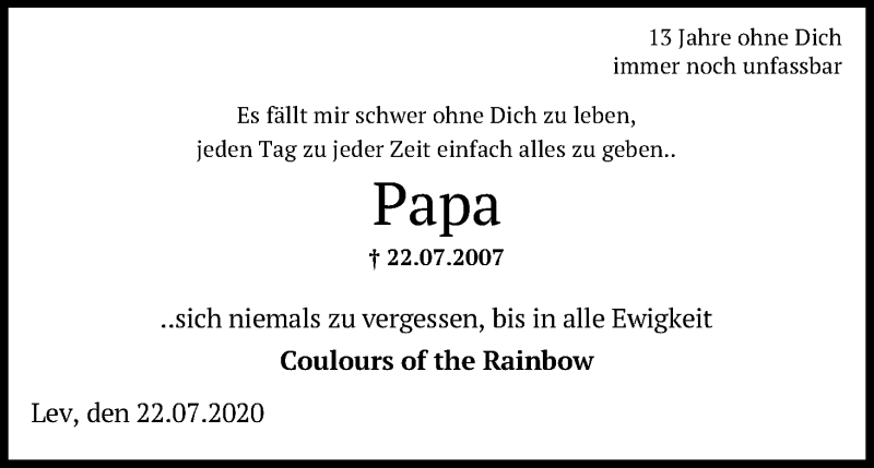  Traueranzeige für Papa  vom 22.07.2020 aus Kölner Stadt-Anzeiger / Kölnische Rundschau / Express