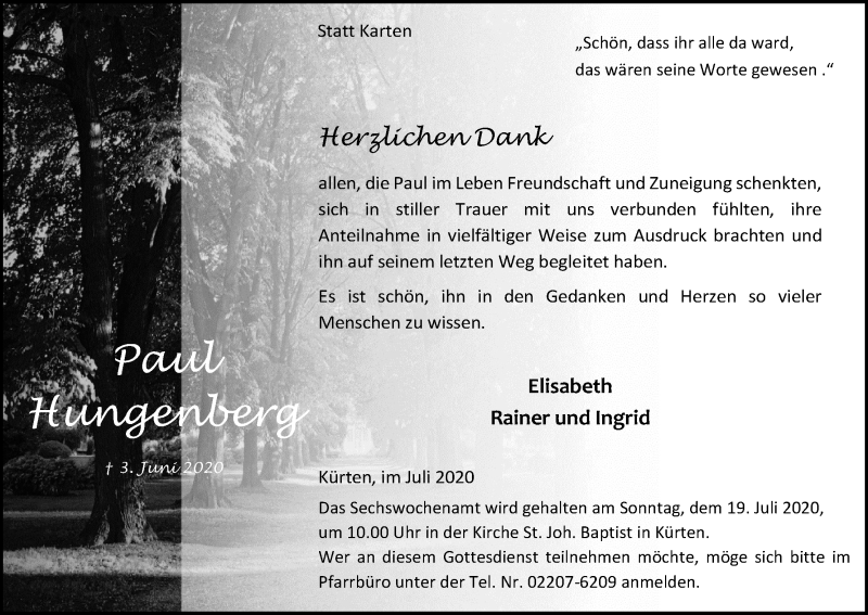  Traueranzeige für Paul Hungenberg vom 11.07.2020 aus Kölner Stadt-Anzeiger / Kölnische Rundschau / Express