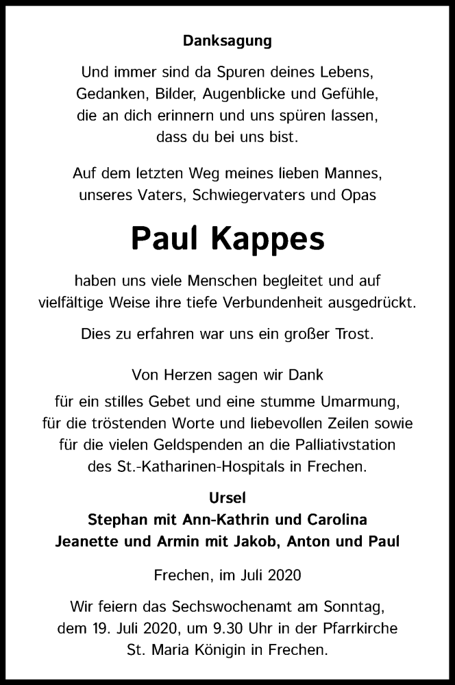  Traueranzeige für Paul Kappes vom 09.07.2020 aus Kölner Stadt-Anzeiger / Kölnische Rundschau / Express