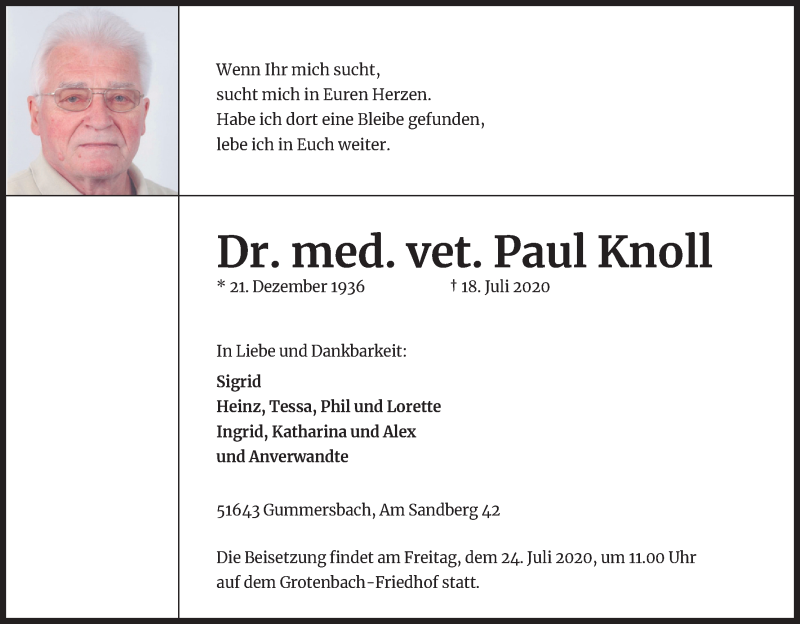  Traueranzeige für Paul Knoll vom 22.07.2020 aus Kölner Stadt-Anzeiger / Kölnische Rundschau / Express