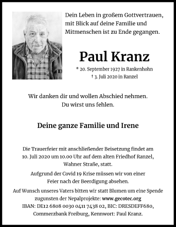Anzeige von Paul Kranz von Kölner Stadt-Anzeiger / Kölnische Rundschau / Express