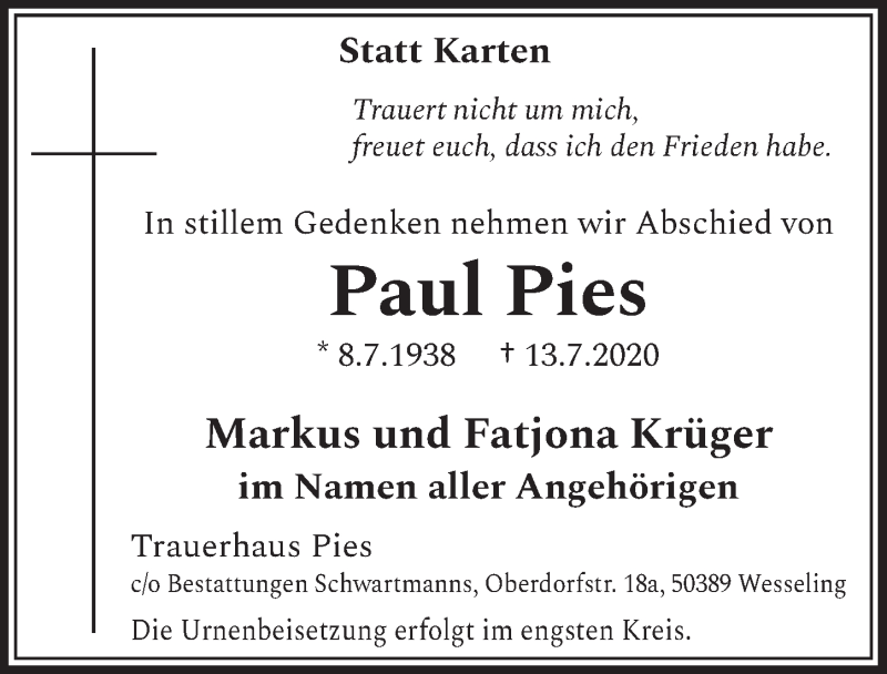  Traueranzeige für Paul Pies vom 17.07.2020 aus  Schlossbote/Werbekurier 