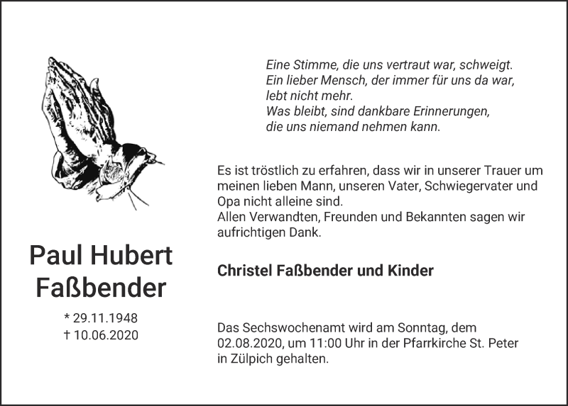  Traueranzeige für Paul Hubert Faßbender vom 18.07.2020 aus  Blickpunkt Euskirchen 