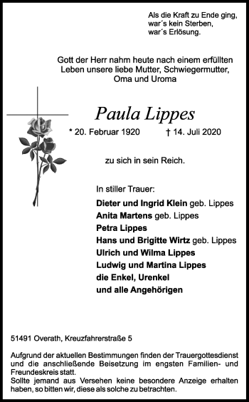 Anzeige von Paula Lippes von Kölner Stadt-Anzeiger / Kölnische Rundschau / Express