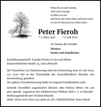 Anzeige von Peter Fieroh von Kölner Stadt-Anzeiger / Kölnische Rundschau / Express