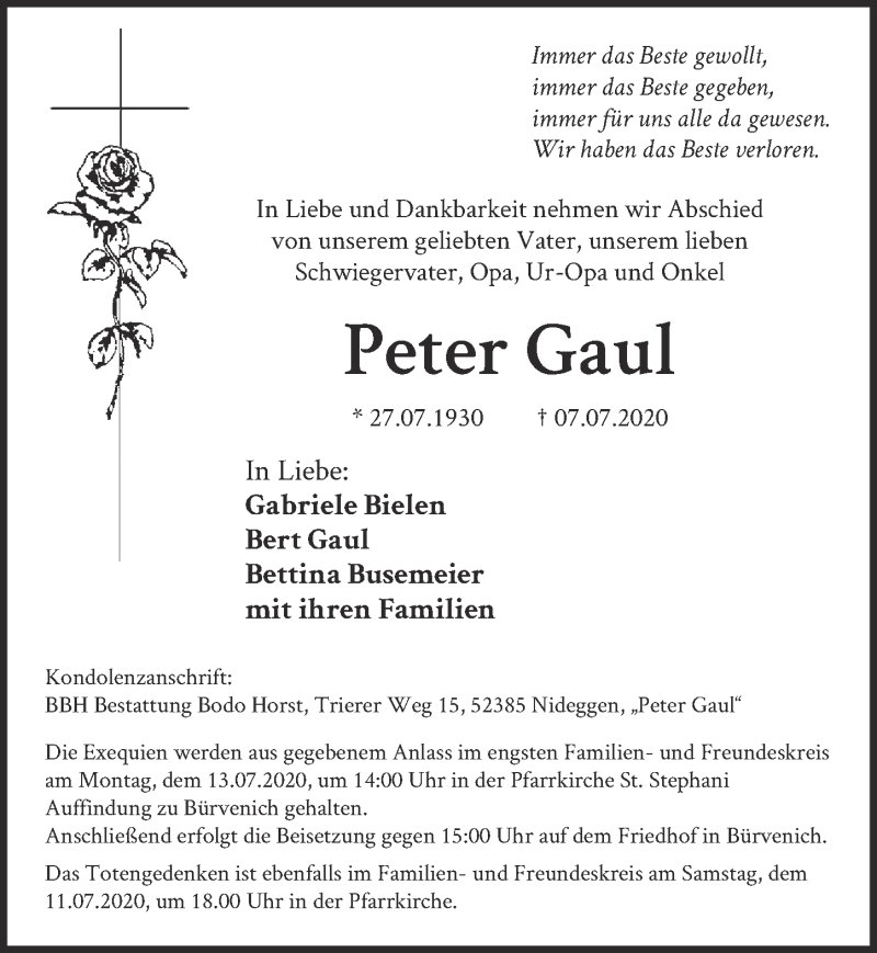  Traueranzeige für Peter Gaul vom 11.07.2020 aus  Blickpunkt Euskirchen 
