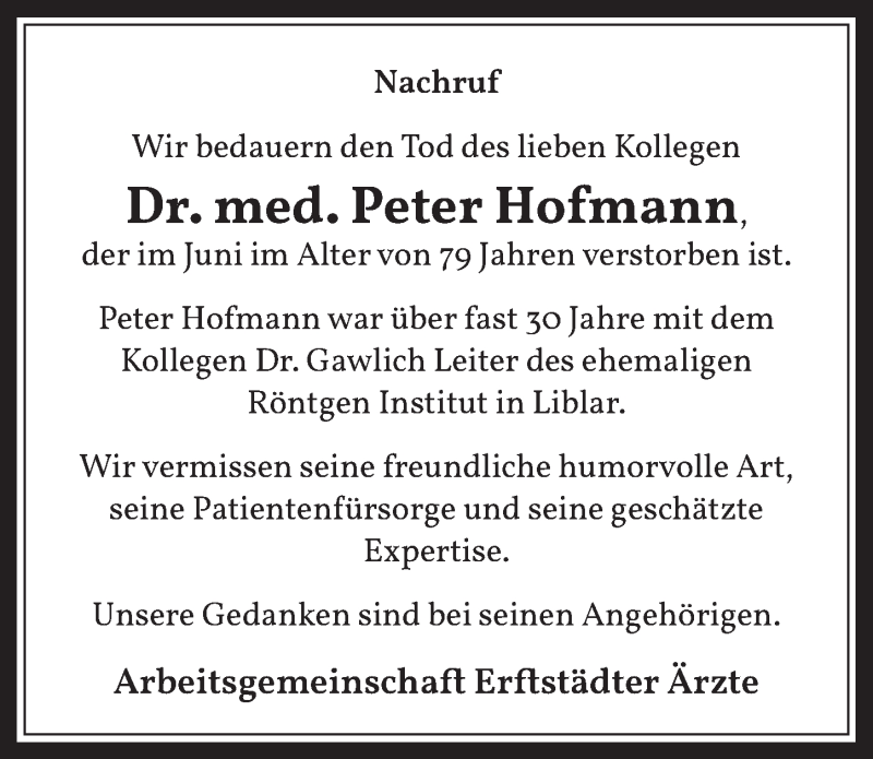  Traueranzeige für Peter Hofmann vom 17.07.2020 aus  Werbepost 