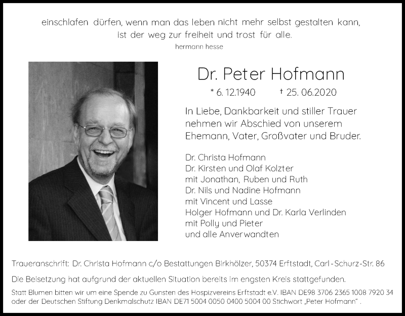  Traueranzeige für Peter Hofmann vom 11.07.2020 aus Kölner Stadt-Anzeiger / Kölnische Rundschau / Express