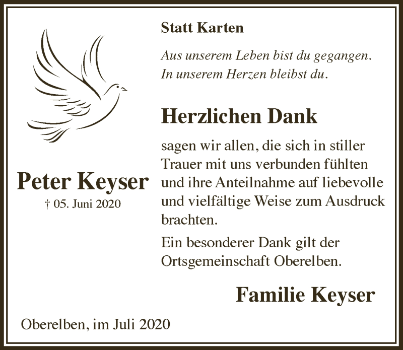  Traueranzeige für Peter Keyser vom 24.07.2020 aus  Lokalanzeiger 