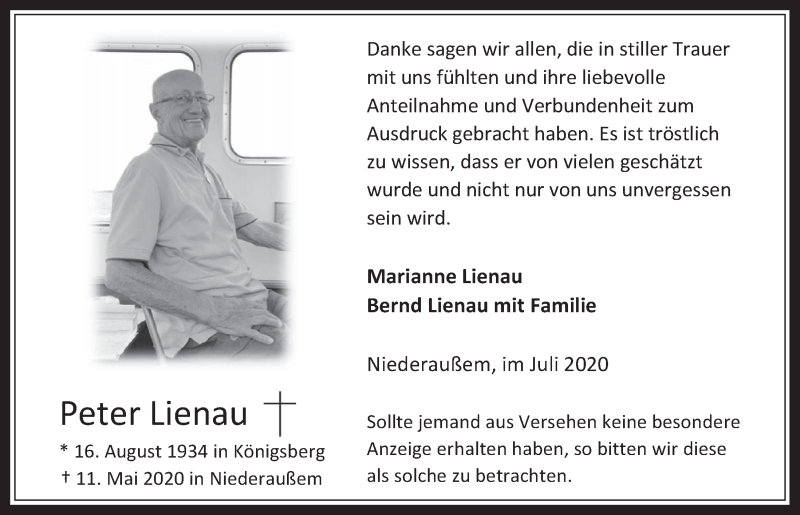  Traueranzeige für Peter Lienau vom 03.07.2020 aus  Werbepost 