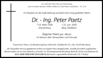 Anzeige von Peter Paetz von Kölner Stadt-Anzeiger / Kölnische Rundschau / Express
