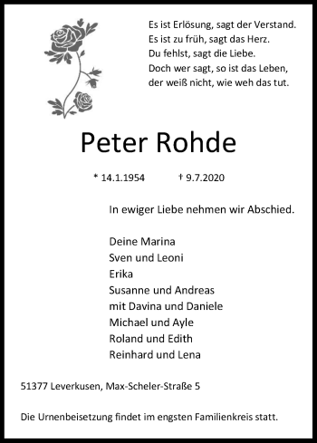 Anzeige von Peter Rohde von Kölner Stadt-Anzeiger / Kölnische Rundschau / Express