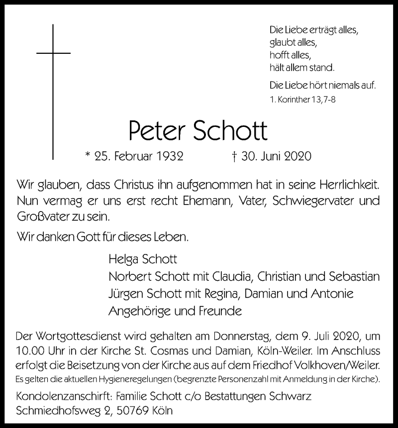  Traueranzeige für Peter Schott vom 04.07.2020 aus Kölner Stadt-Anzeiger / Kölnische Rundschau / Express