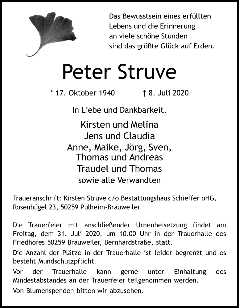  Traueranzeige für Peter Struve vom 25.07.2020 aus Kölner Stadt-Anzeiger / Kölnische Rundschau / Express
