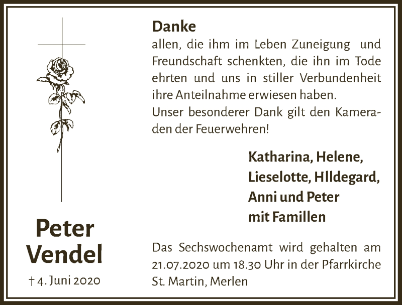 Traueranzeige für Peter Vendel vom 17.07.2020 aus  Schaufenster/Blickpunkt 