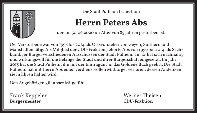  Traueranzeige für Peters Abs vom 10.07.2020 aus  Wochenende 