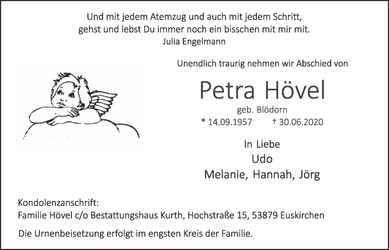  Traueranzeige für Petra Hövel vom 10.07.2020 aus  Schlossbote/Werbekurier 